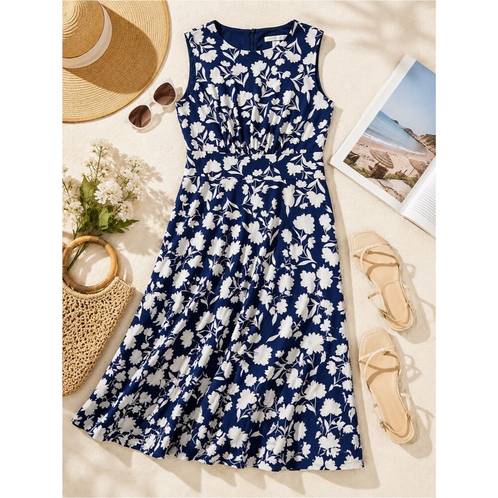 London Times Sleeveless Dress 6 Blue White Floral Fit & Flare Midi Wedding Guest